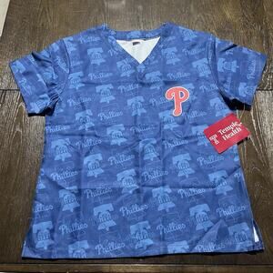 NWT MLB Phillies SGA Nurse Doctor Scrub Top Blue Temple Health Adult Size Medium